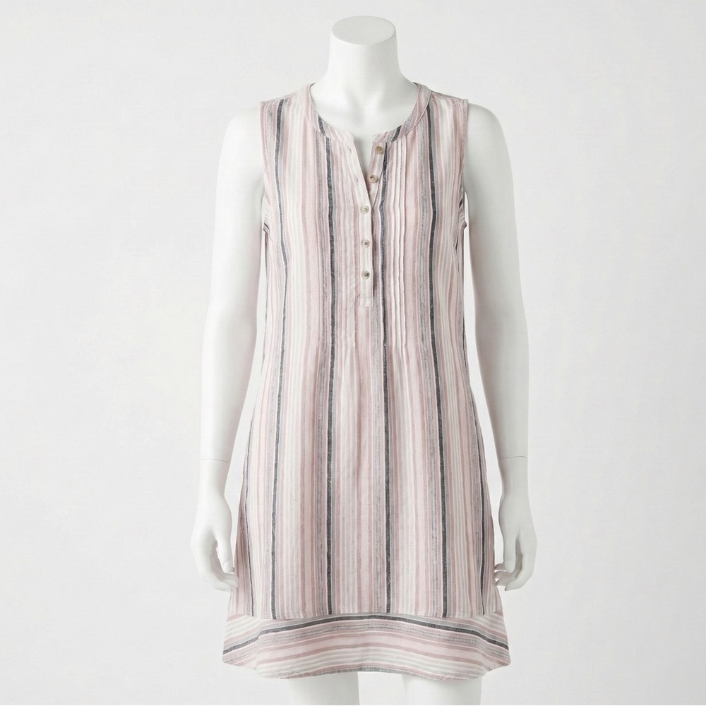 Briggs New York Linen Blend Striped Henley Shift Dress Size Small Sleeveless